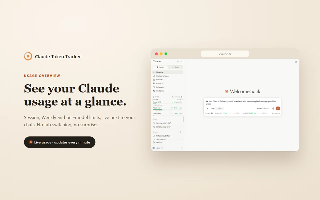 Sidebar widget and in-chat bottom bar showing live Claude.ai usage